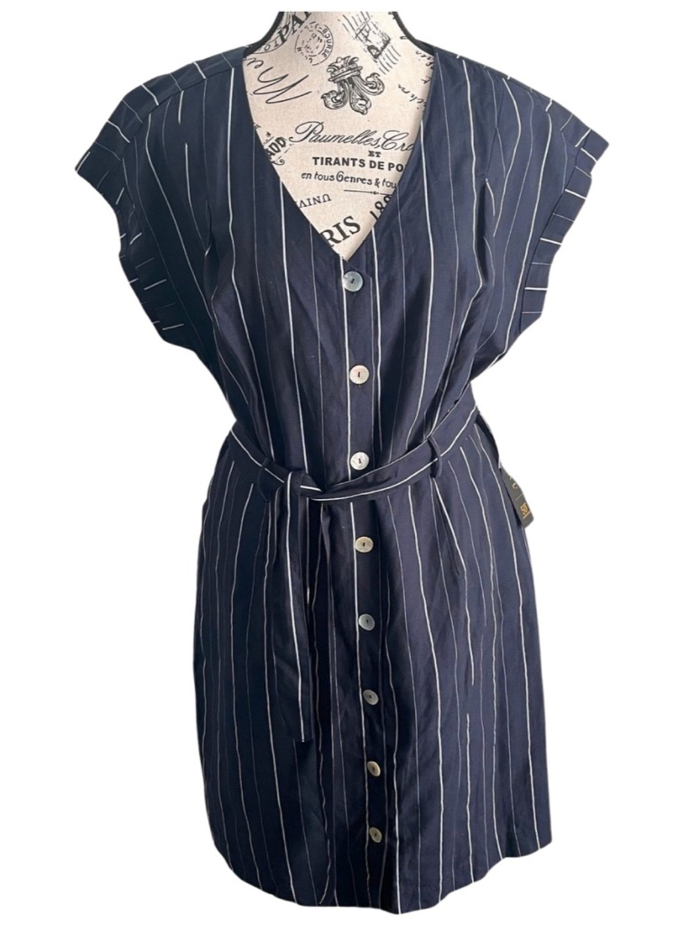 Tribal  Navy Blue Pinstripe Linen Blend Midi Dress NWT Nautical Resort